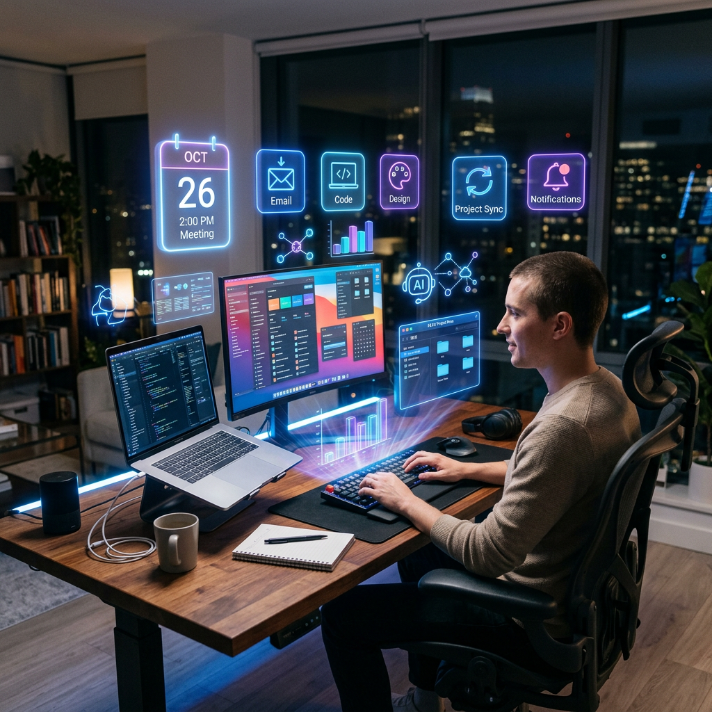 Person working with holographic computer interface and digital project icons